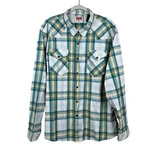 Wrangler Men's Button Up Shirt Plaid Long Sleeve Flap Pockets White Blue 2XL USA